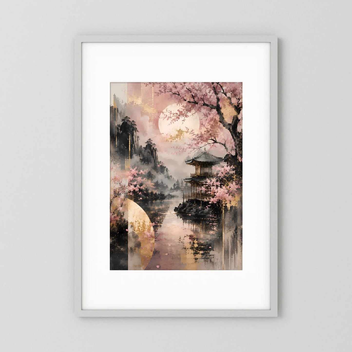 Hochformatiges, gerahmtes Poster mit Kirschblüten und Tempel am See in Rosa und Gold