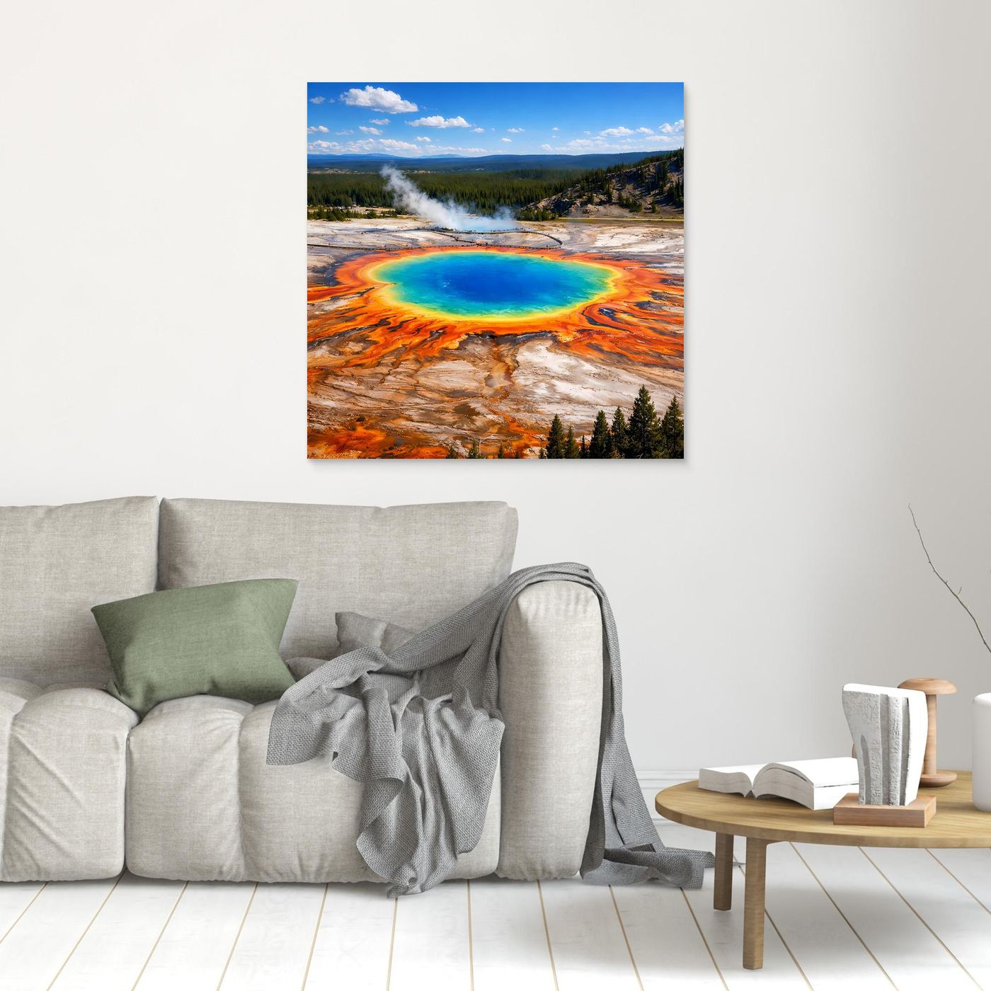 Kleines Leinwandbild der Grand Prismatic Spring mit blau-türkisfarbenem Becken und orange Rand