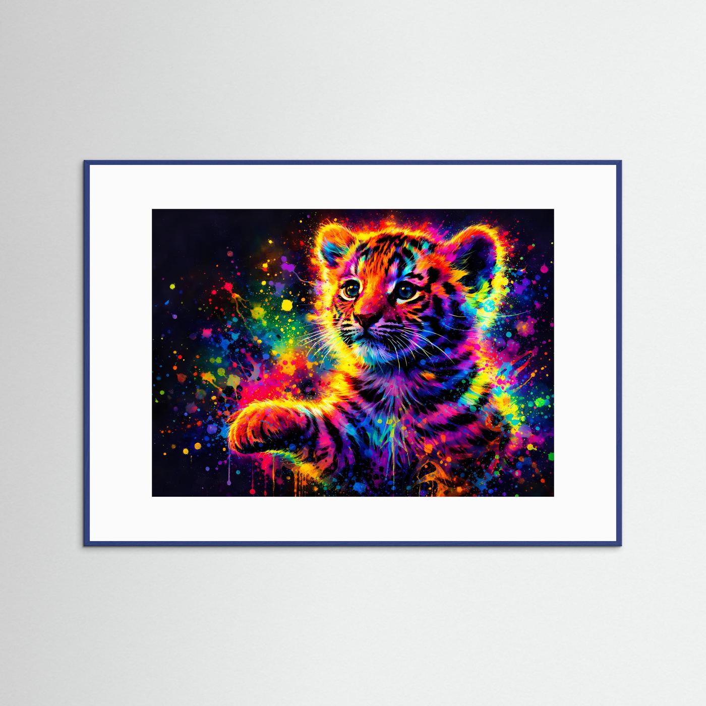 Poster mit Baby-Tiger-Motiv, neonfarben, blauer Rahmen und weißes Passepartout