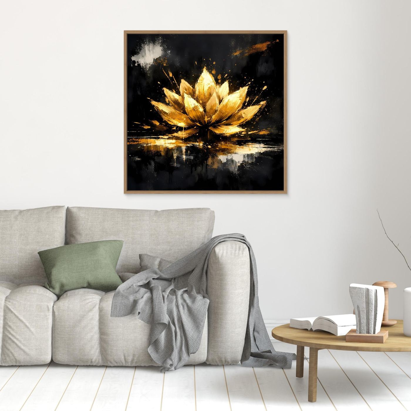 Leinwand Goldene Lotusblüte Abstrakt | Modernes Lotus Wandbild Schwarz Gold