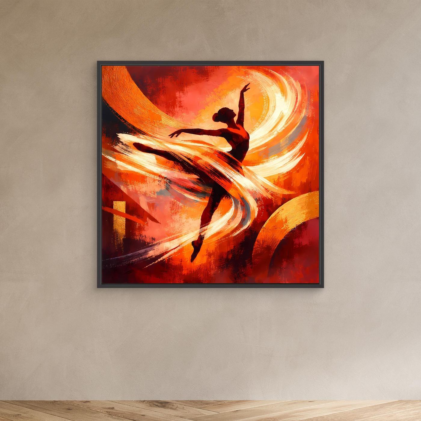 Abstraktes Leinwandbild mit schwarzem Rahmen: Ballerina-Silhouette in orangefarbenen Wirbeln