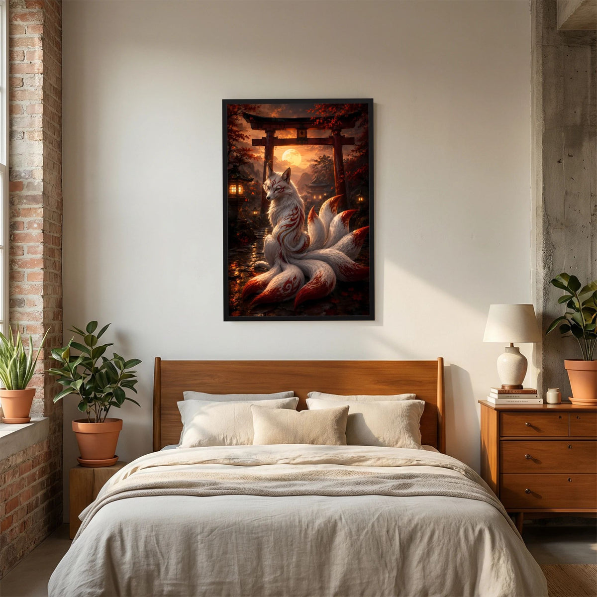 Poster im schwarzen Rahmen: weißer Kitsune-Fuchs mit neun Schweifen, leuchtender Mond