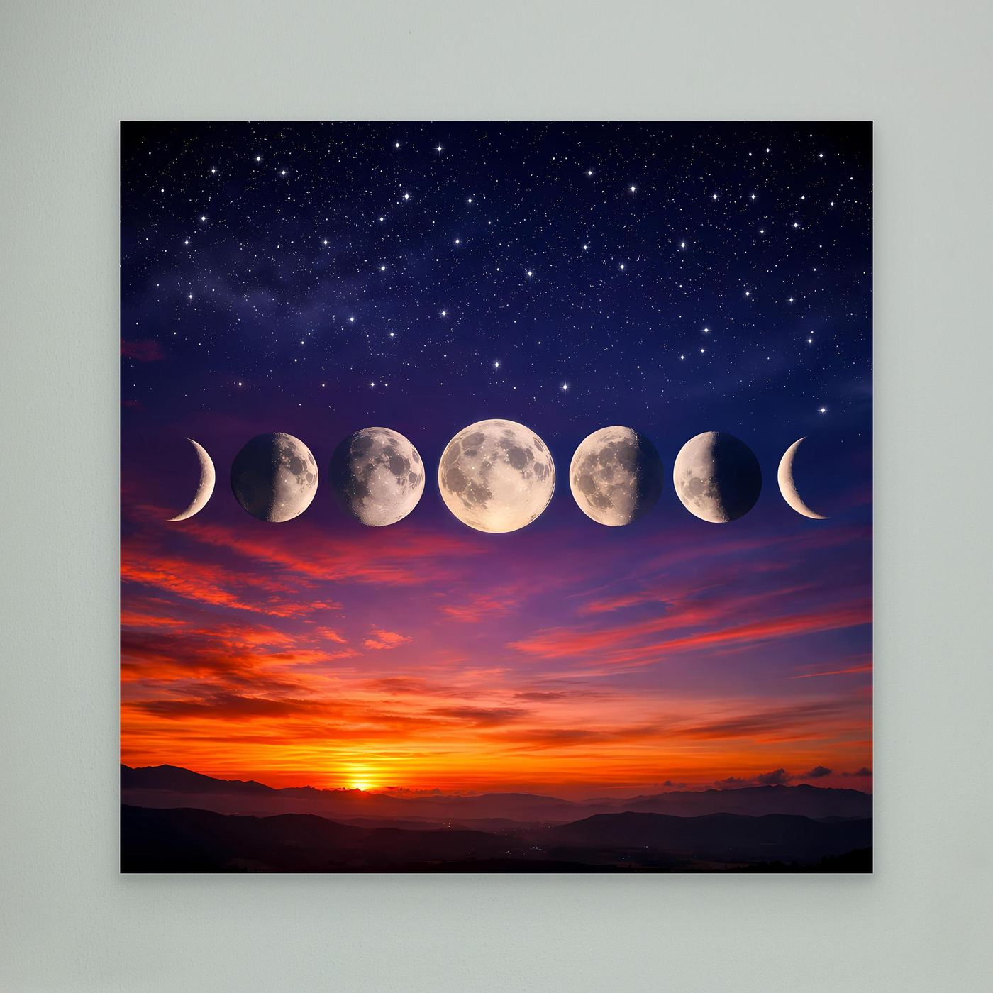 Leinwandbild mit Sternenhimmel und Mondphasen, Abendsonnenaufgang im Querformat