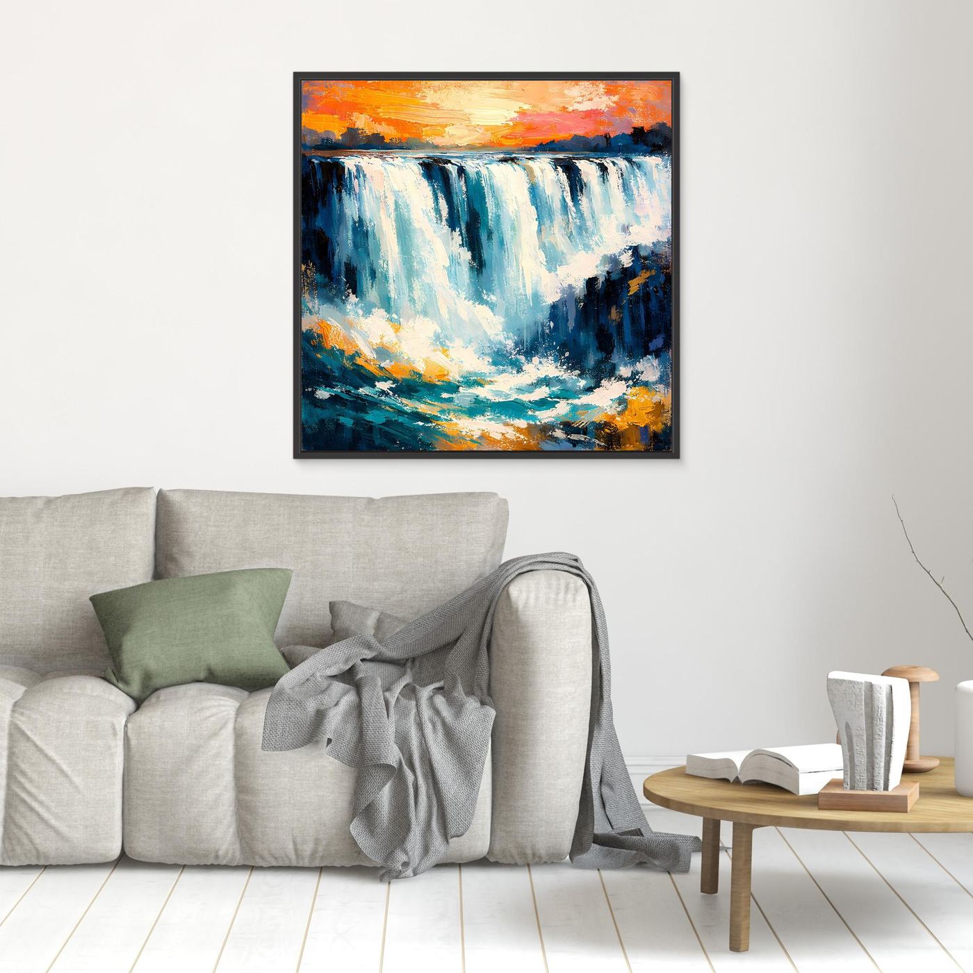 Gerahmtes abstraktes Leinwandbild mit Wasserfall in Blau, Türkis und Orange, dunkler Rahmen.