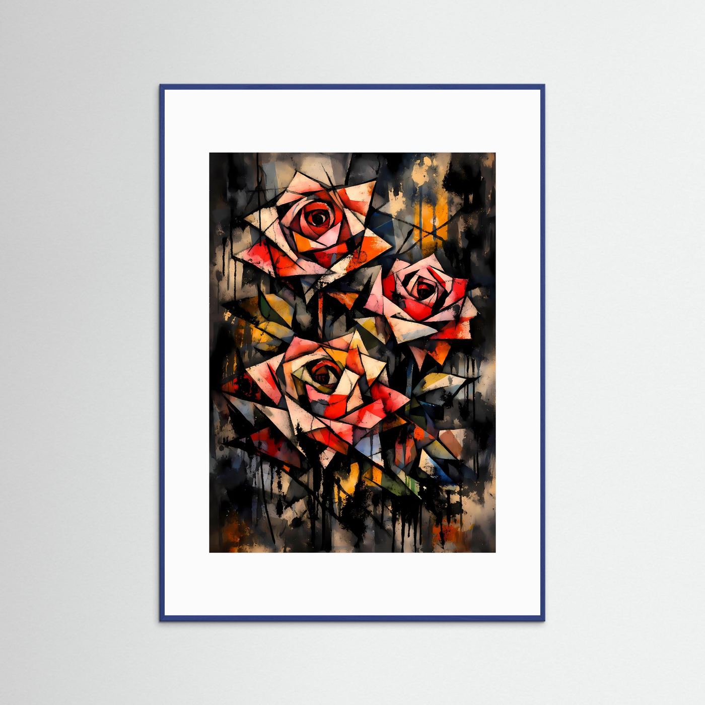 Geometrie der Liebe | Modernes Rosen Kunst Poster bunt | Abstraktes Kubismus Wandbild Hochformat