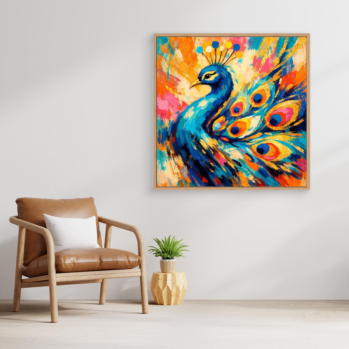 Leinwandbild mit blauem Pfau, abstrakt bunt, im hellen Holzrahmen