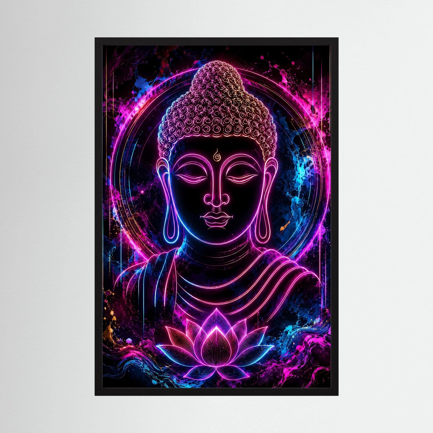 Neon-Buddha-Kunstwerk im schwarzen Rahmen, violett-blauer Leuchteffekt mit Lotussymbol