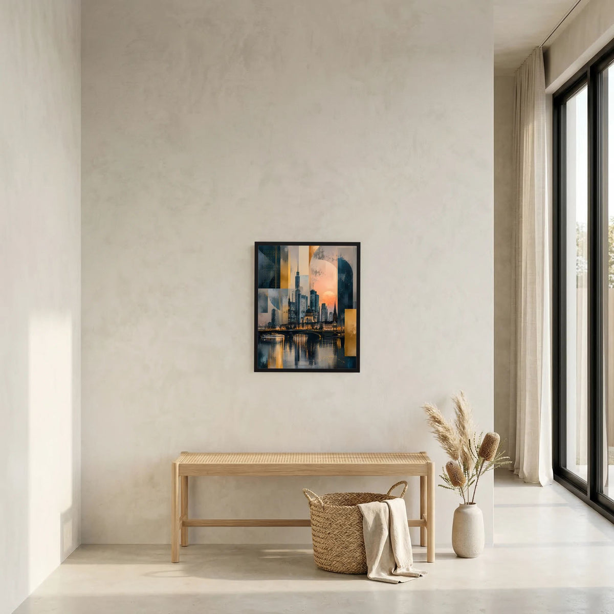 Gerahmtes Wandposter mit abstrakter Skyline am Fluss in Gold- und Petroltönen