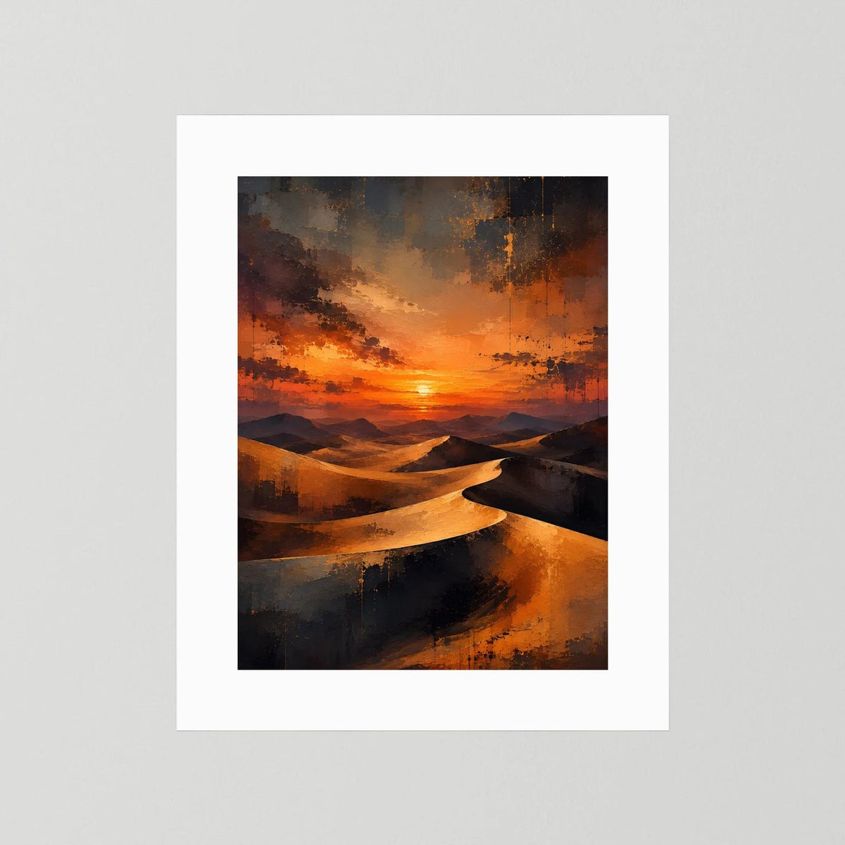 Wandposter mit abstrakten Sanddünen im Sonnenuntergang, ohne Rahmen, weiß