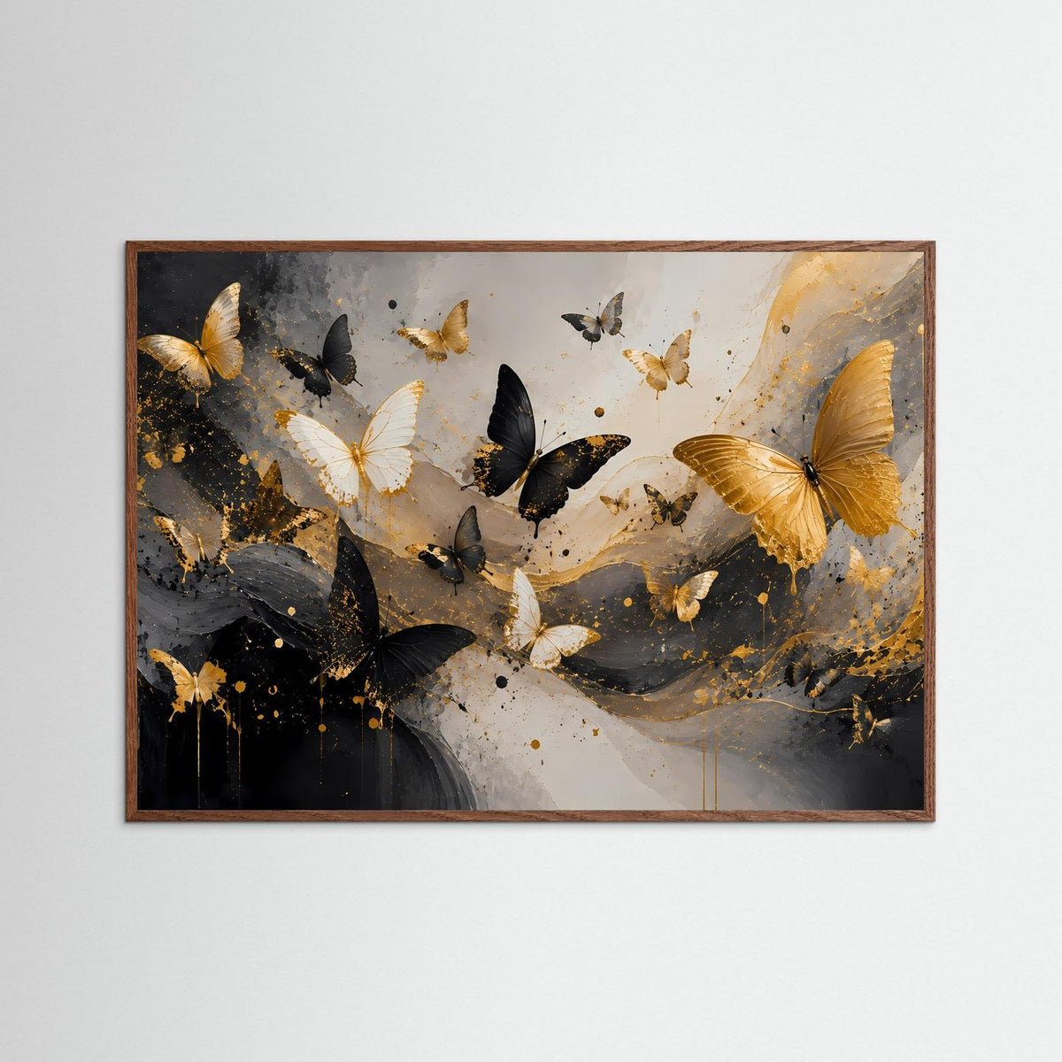 Schmetterlingskunst-Wandbild mit Schmetterlingen in Schwarz/Weiß/Gold, Eiche dunkel