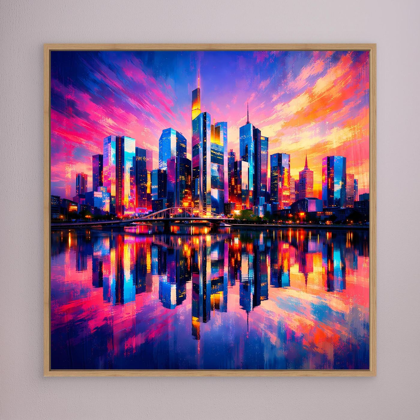 Leinwand Farbenfrohe Frankfurt Skyline bei Sonnenuntergang | Modernes Wandbild