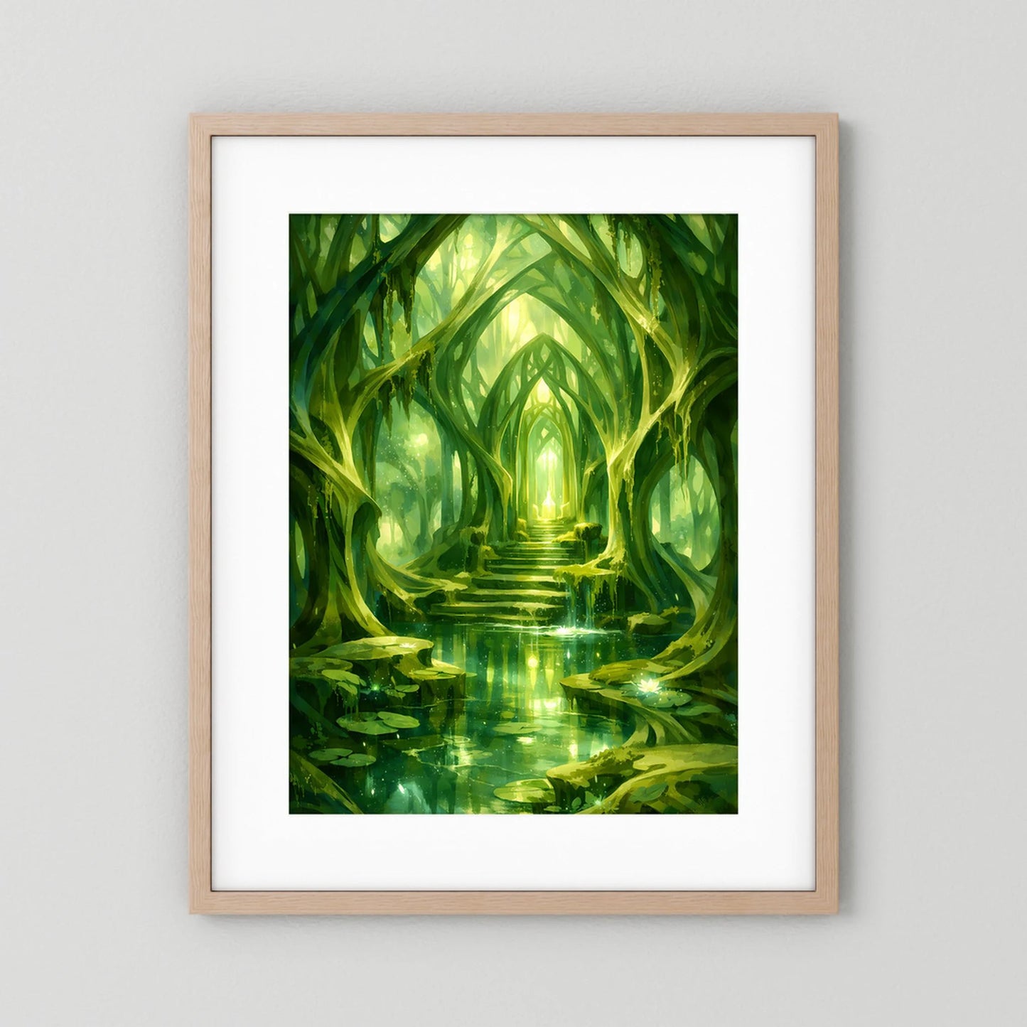 Kunstposter im beigen Holrahmen mit grünem Waldtempel und spiegelndem Wasserweg