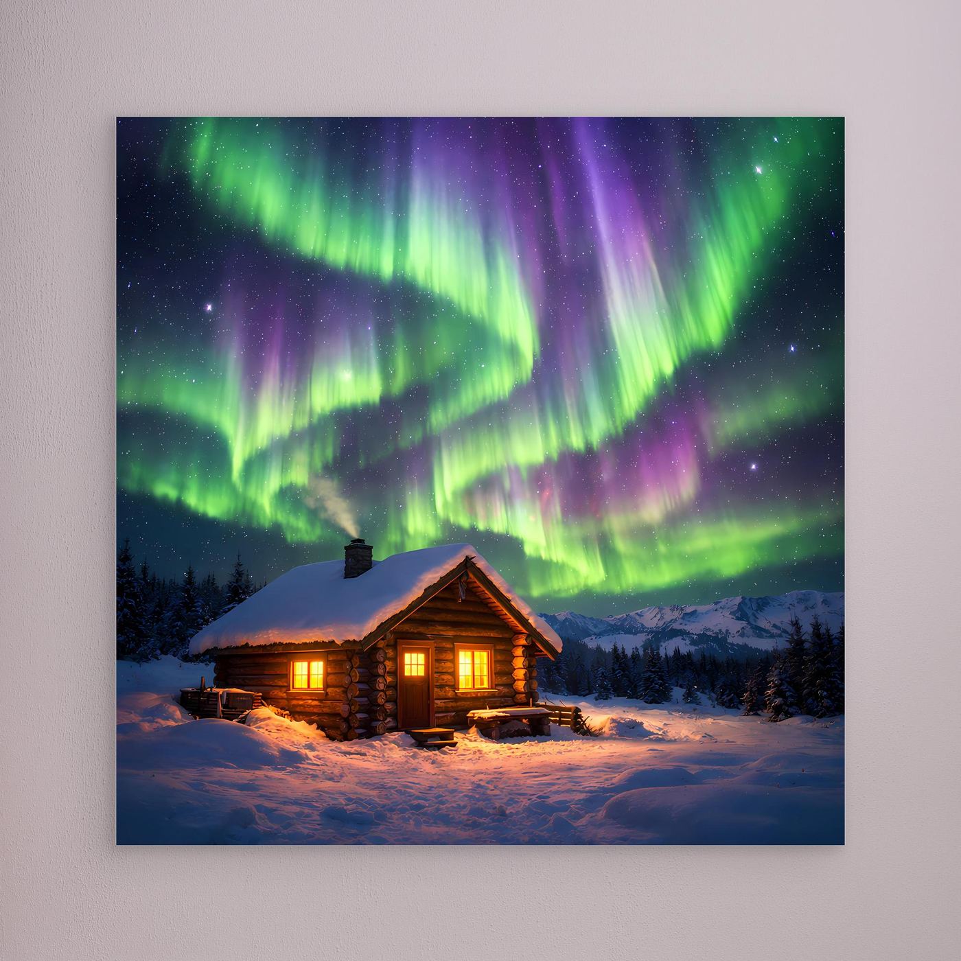 Leinwandbild ohne Rahmen mit winterlicher Hütte und farbigen Polarlichtern am Himmel