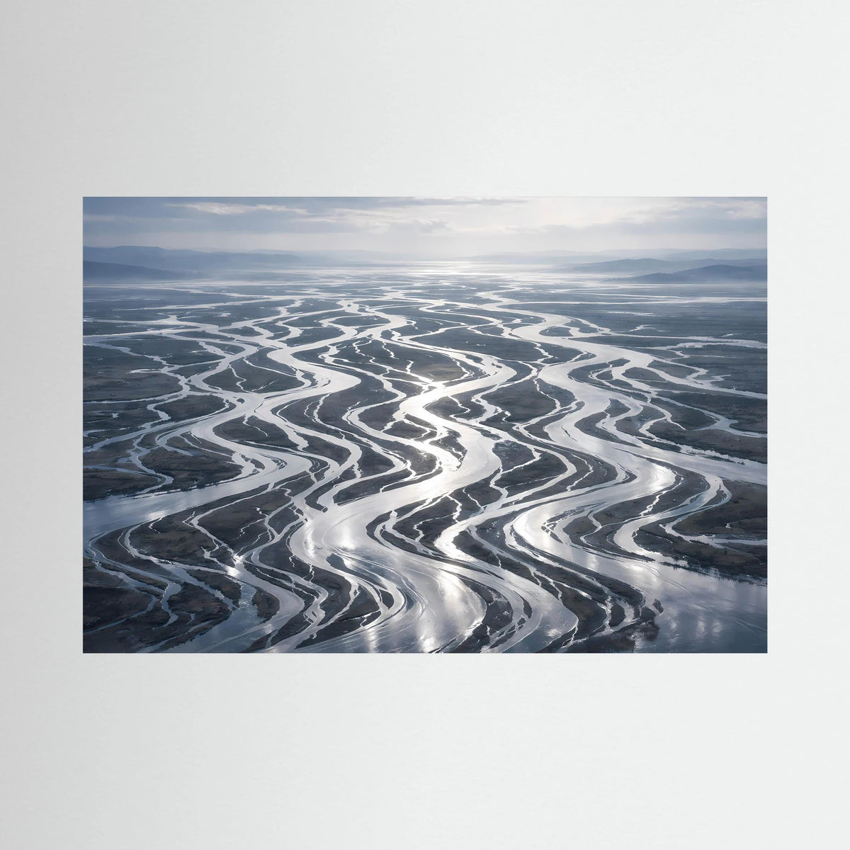 Wandbild im Querformat: verzweigtes Flussdelta aus der Vogelperspektive, blau-grau