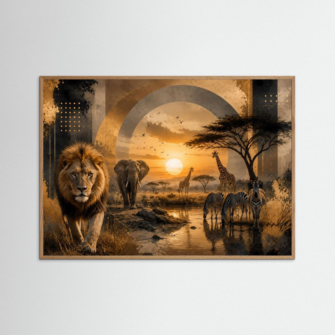 Querformatposter mit Löwe, Elefant und Zebra, im hellen Holzrahmen