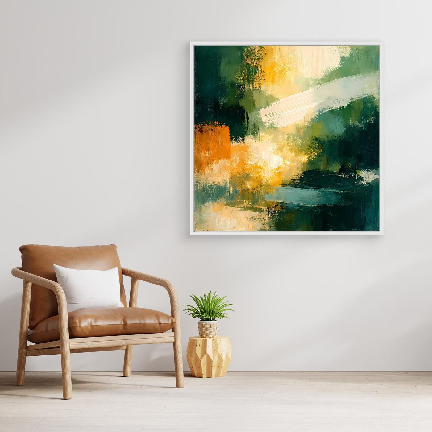 Abstraktes Leinwand-Wandbild mit grünen und gelborangen Akzenten, mit weißem Rahmen