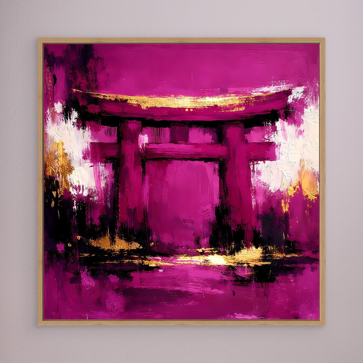 Leinwand Mystisches Torii-Tor in Magenta | Abstraktes Japan Wandbild Moderne Kunst