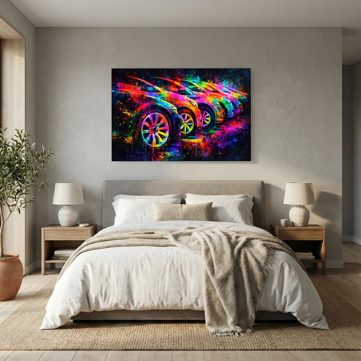 Wandbild mit Sportwagen im Farbverlauf und leuchtenden Radreifen