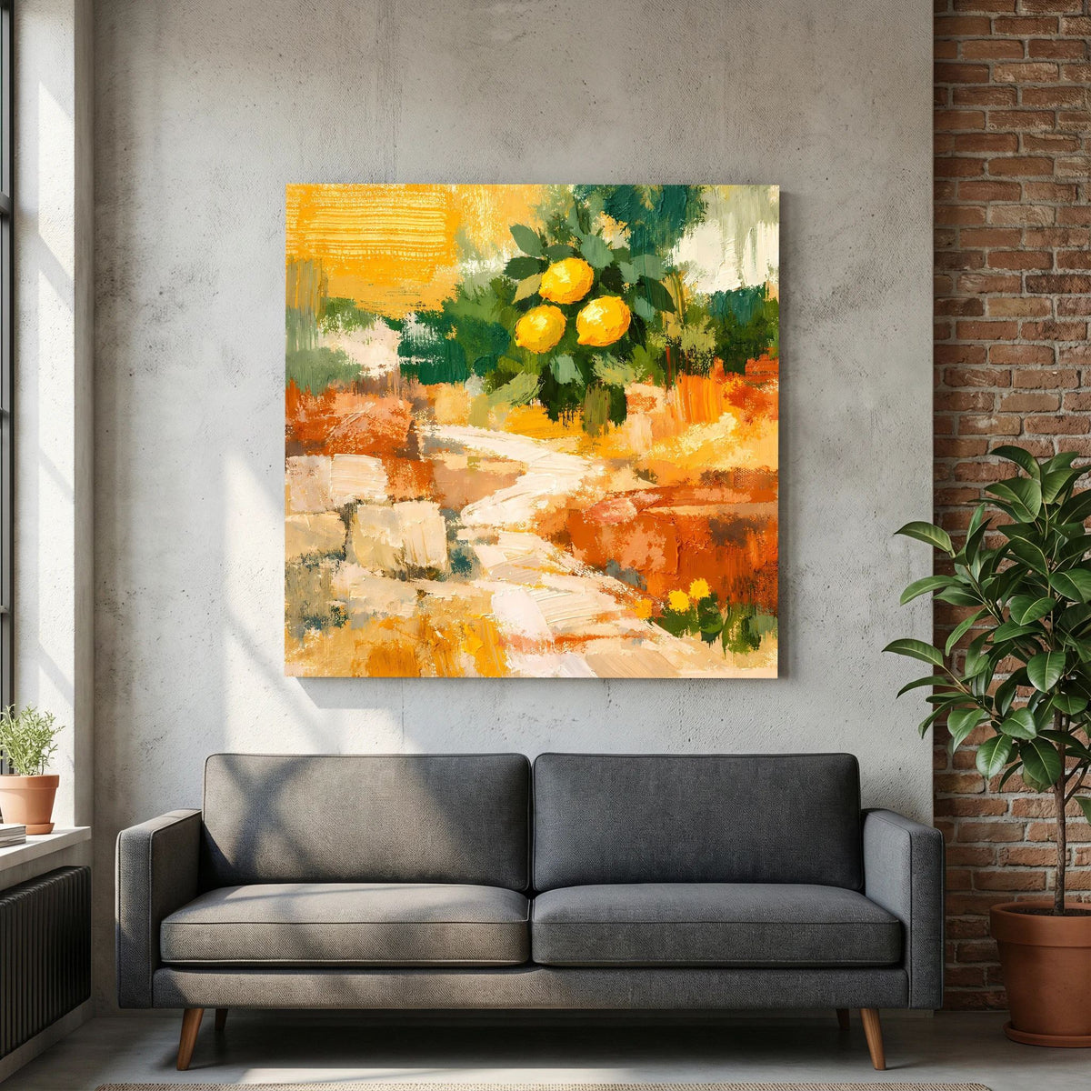 Wandbild mit Zitronenzweig in Gelb und Grün, abstrakte Landschaft mit orangefarbenen Bereichen