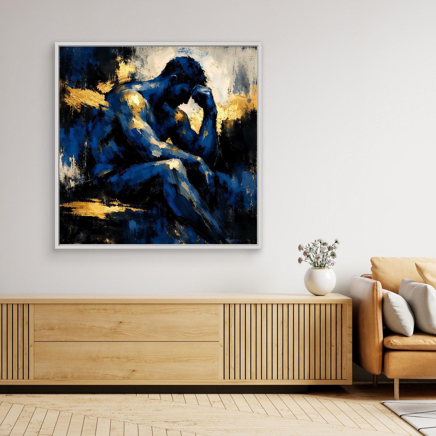 Leinwand Der Denker in Blau | Abstraktes Männersilhouette Wandbild Gold