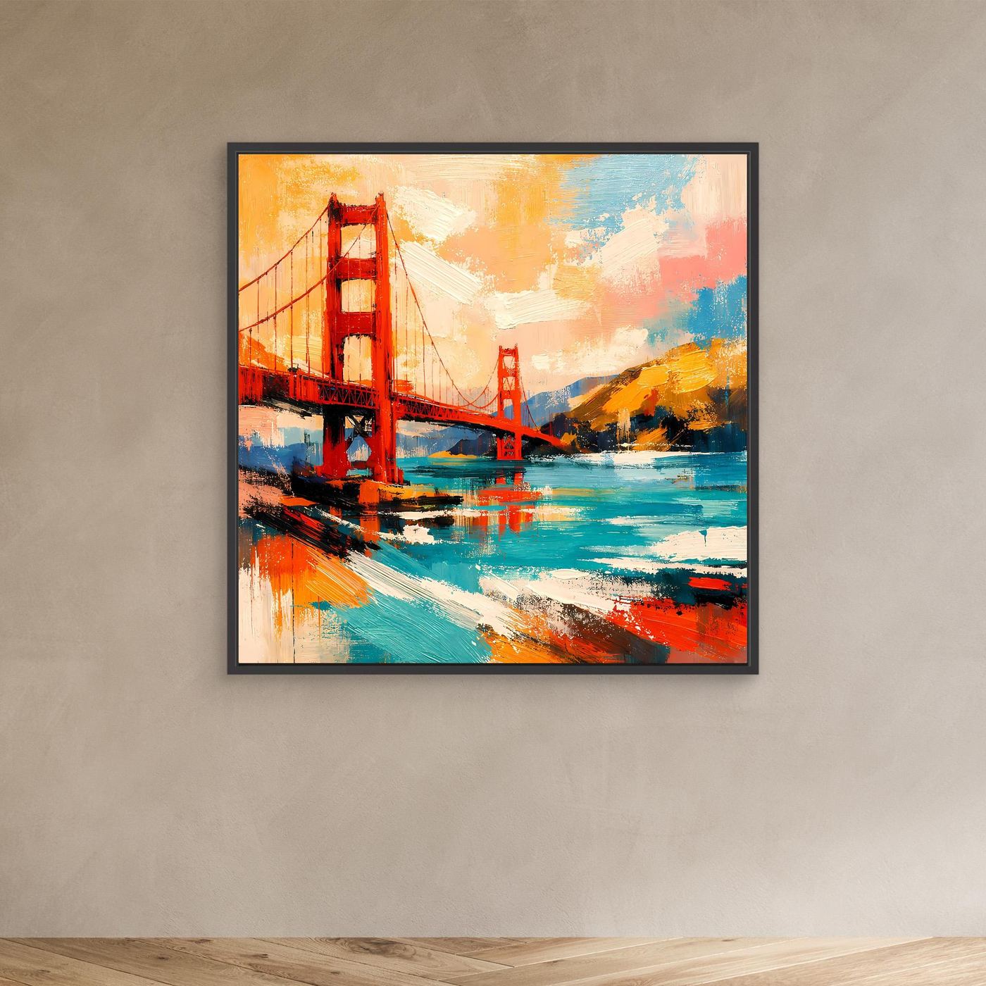 Abstract canvas wall art of bridge-style structure, orange red and blue, in black frame