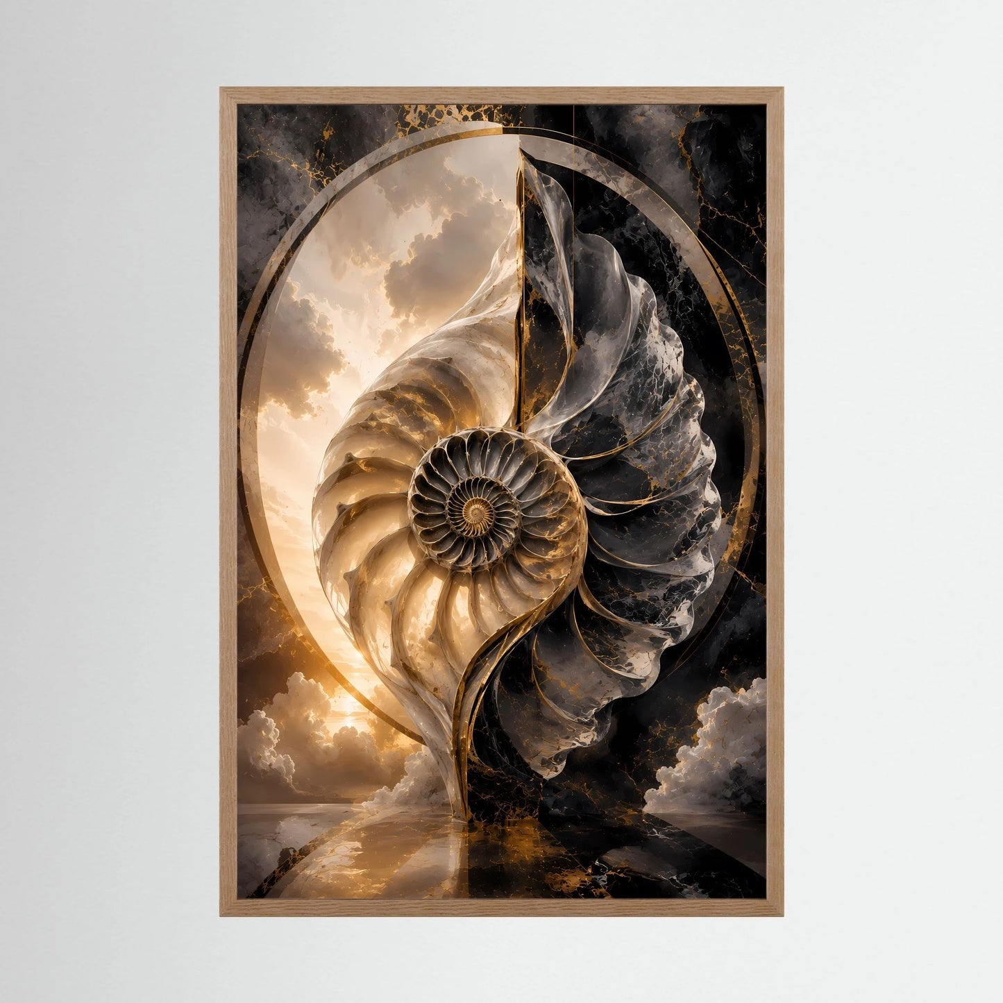 Kunstposter mit Muschelmotiv in Schwarz, Gold und Weiß, gerahmt mit hellem Holz