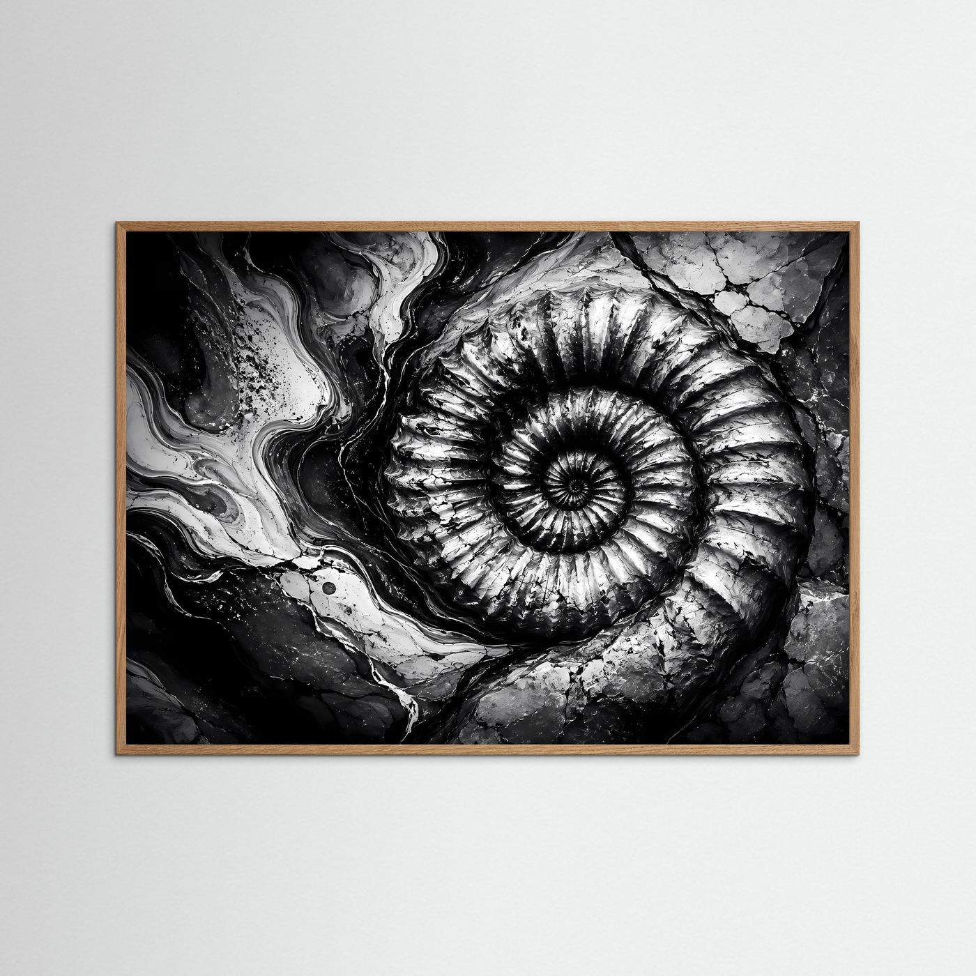 Ammonit Fossil Schwarz Weiß Poster | Geologische Wandkunst | Makro Fossilien Kunst | Monochrome Natur Fotokunst | Moderne Leinwand