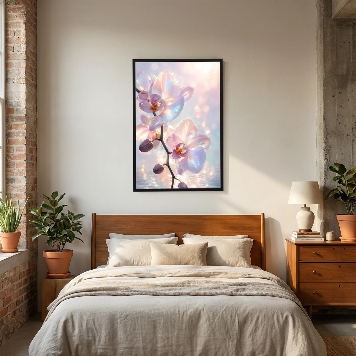 Orchideen-Kunstposter im schwarzen Rahmen mit zwei weißen Blüten und Pastellfarben