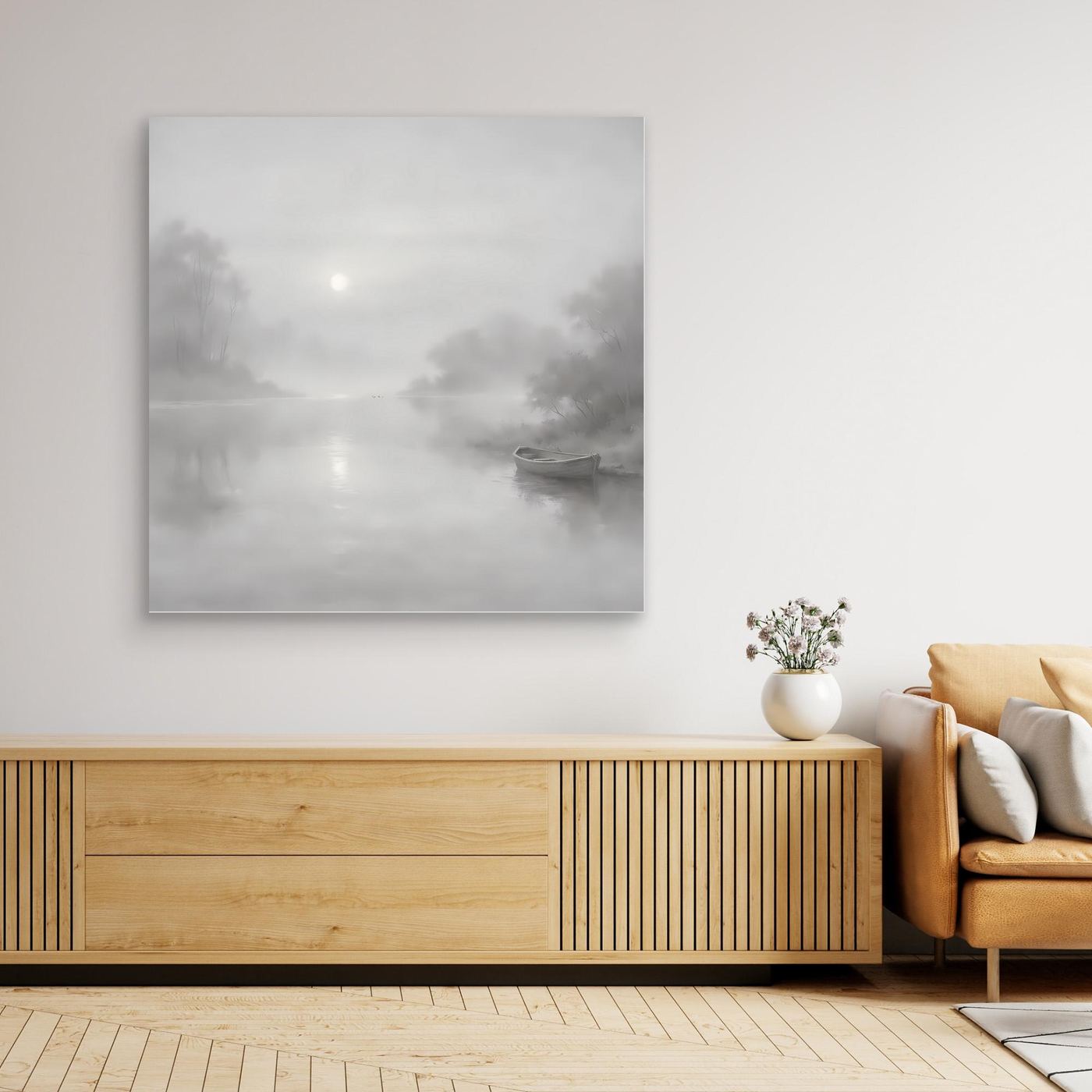 Leinwandbild mit nebligem Flussmotiv in Grau, ohne sichtbaren Rahmen