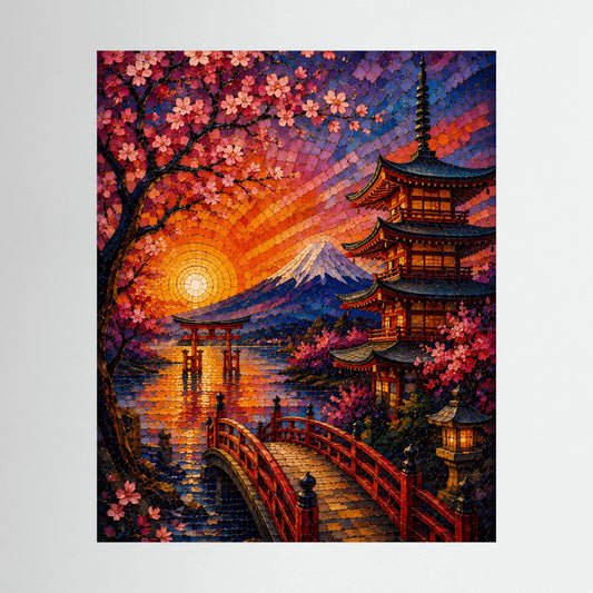 Hochformatposter im Mosaikstil mit Kirschblüten, Pagode und Fuji bei Sonnenuntergang