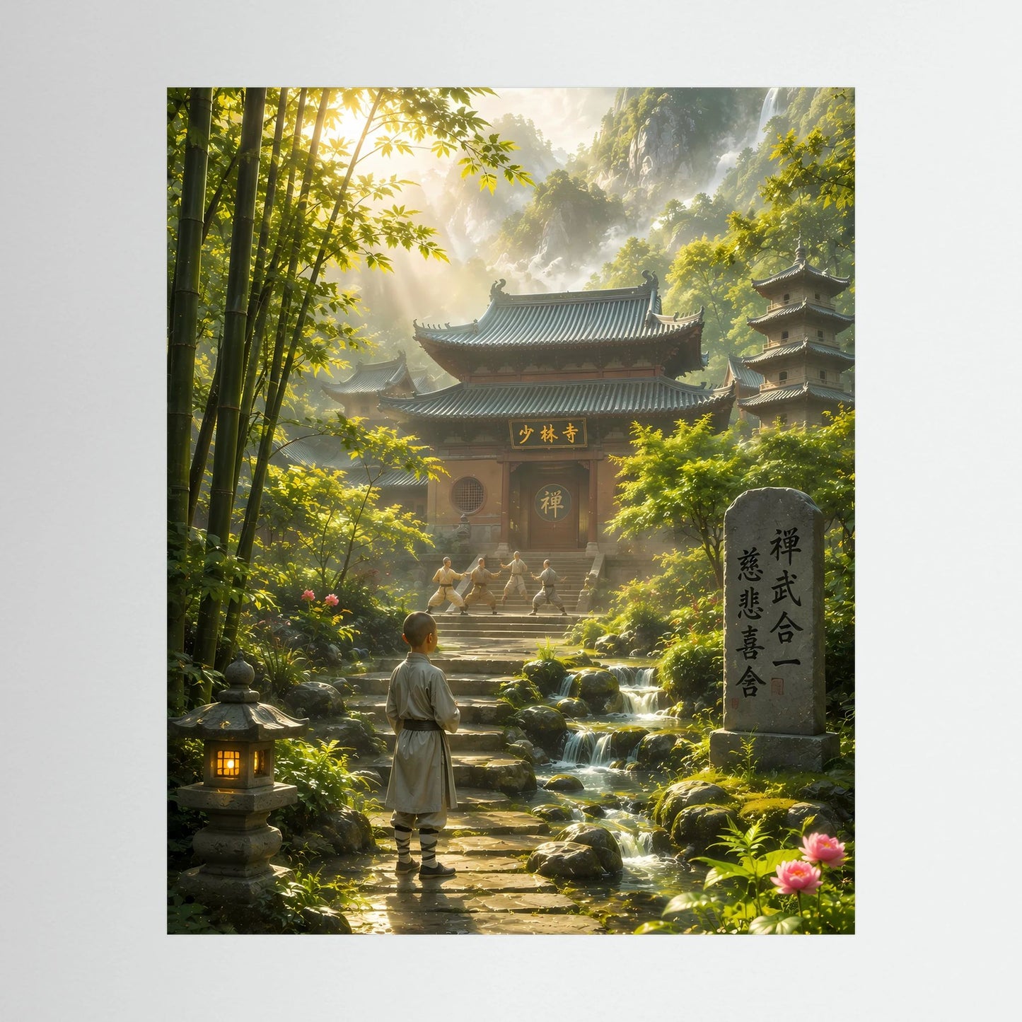 Ungerahmtes Hochformat-Poster, Tempelallee im Bambuswald mit Wasser und Blumen
