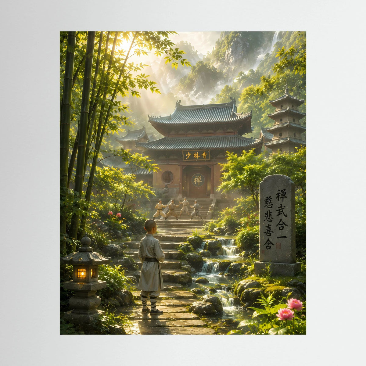 Ungerahmtes Hochformat-Poster, Tempelallee im Bambuswald mit Wasser und Blumen
