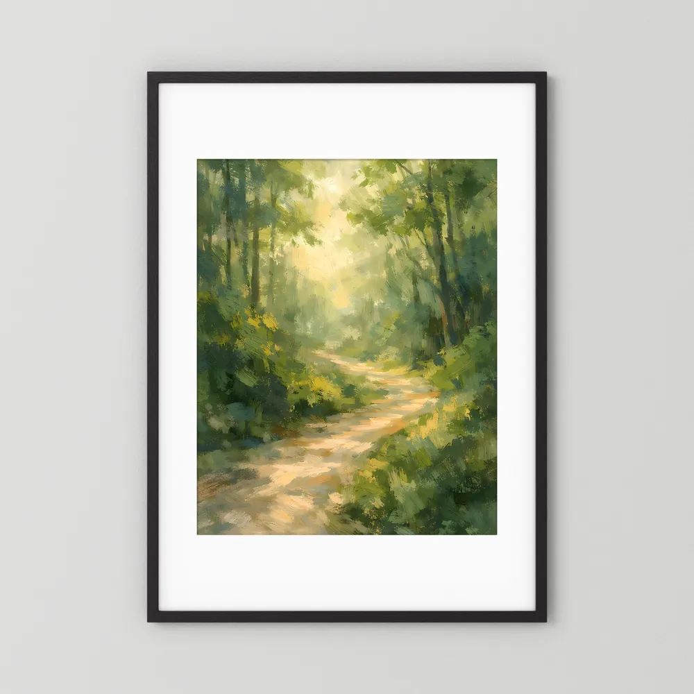 Wandposter Waldweg mit Sonnenlicht, schwarzer Rahmen mit weißem Rand, hochformatig