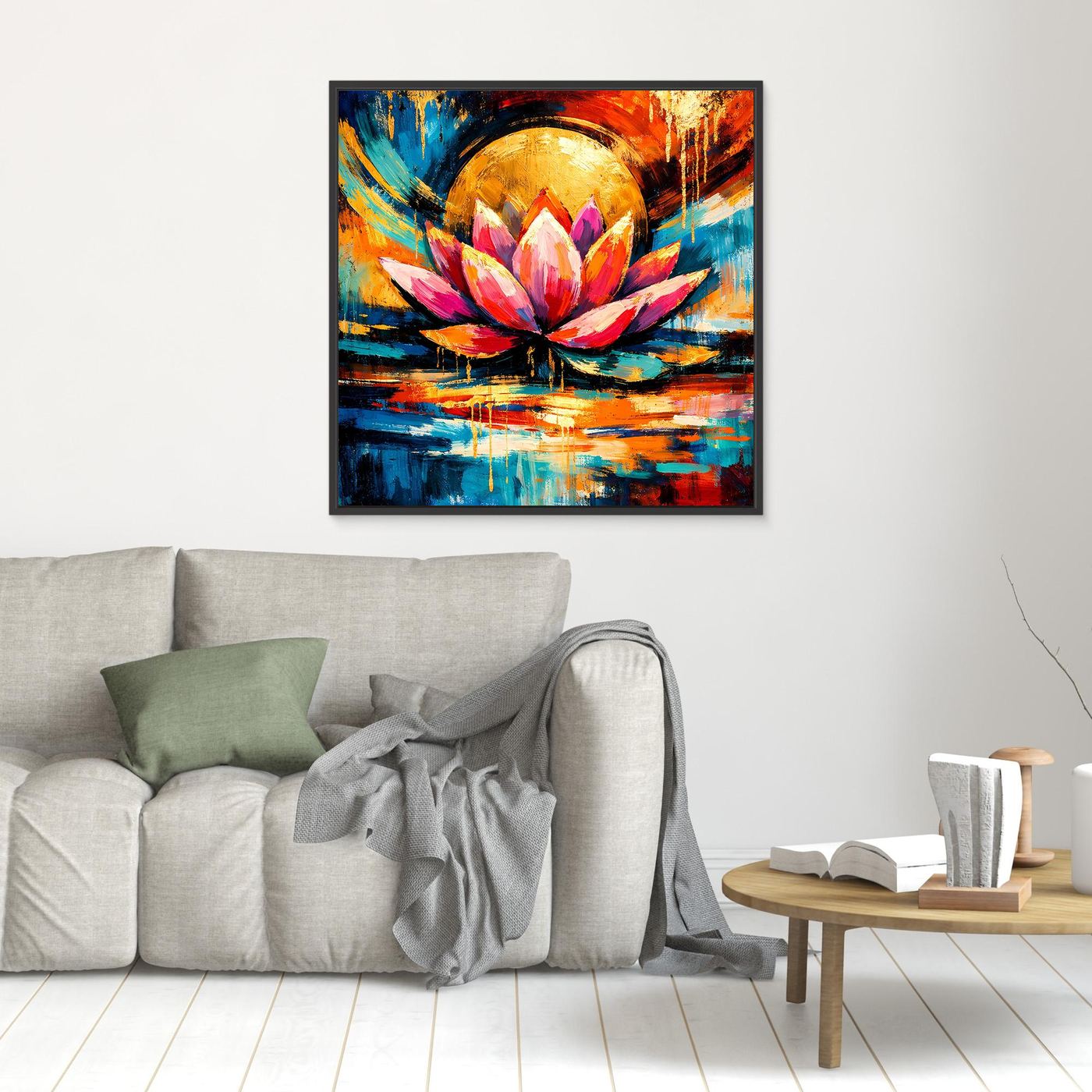 Leinwandbild mit abstrakter Lotusblüte, goldener Kreisform und bunten Farben im schwarzen Rahmen