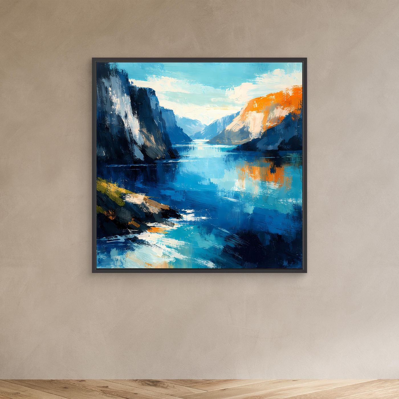 Leinwand Abstraktes Fjord Gemälde | Modernes Norwegisches Wandbild Blau Orange