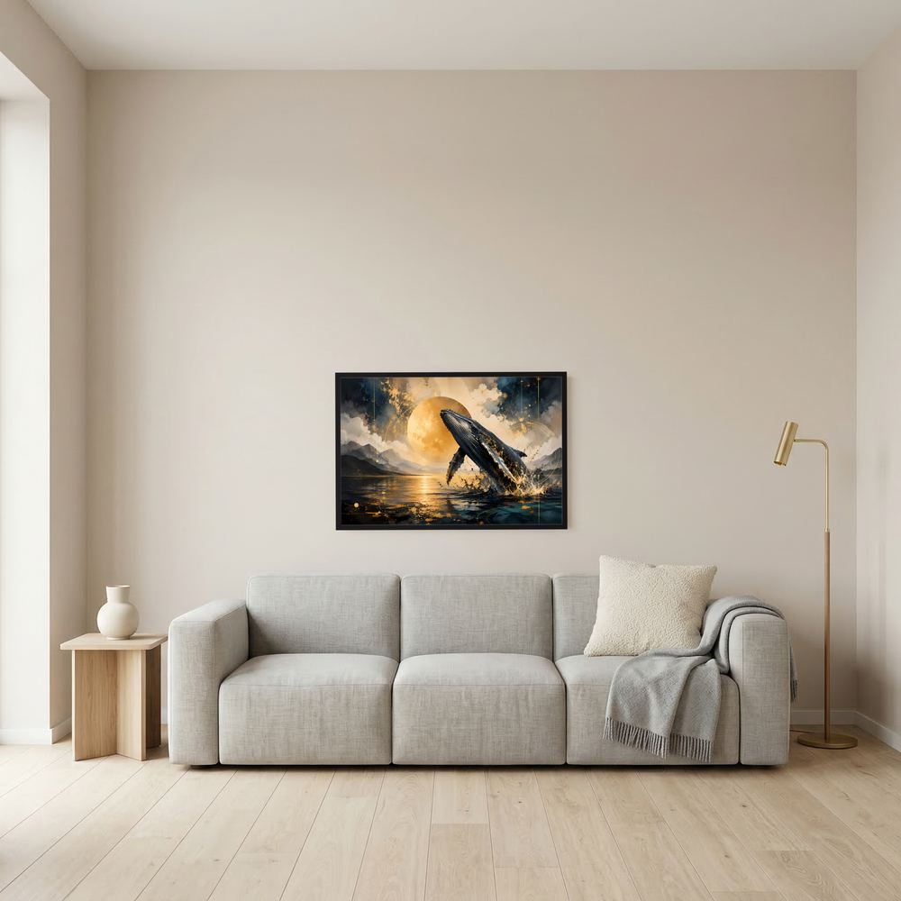 Kleines Wandposter mit Buckelwal-Motiv, schwarzer Wal, Blau-Gold-Himmel, dunkler Rahmen