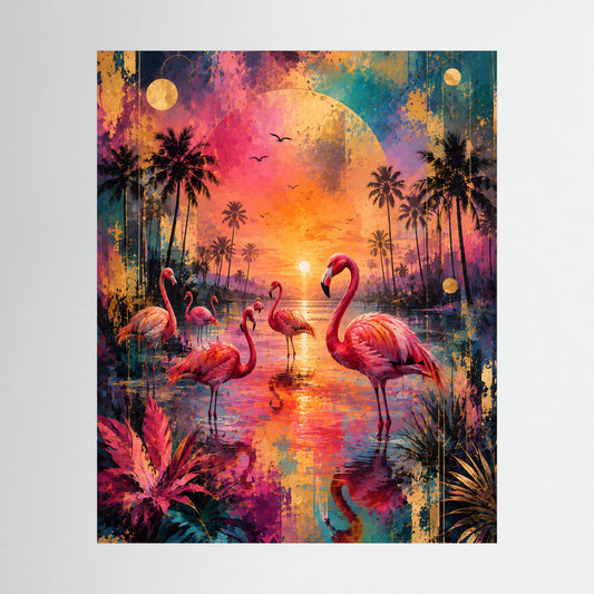 Poster mit Flamingos im tropischen Sonnenuntergang, farbenfrohe Tierillustration, hochformatig