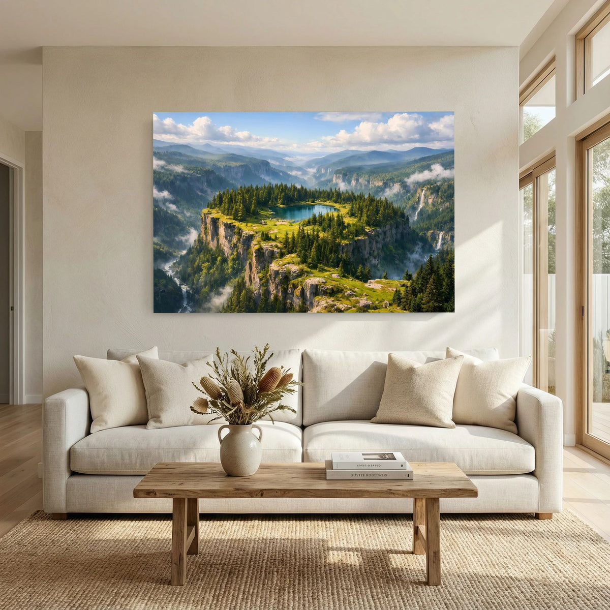 Wandbild im Querformat: Bergsee auf Felsplateau mit Nadelwald und weiten Bergen