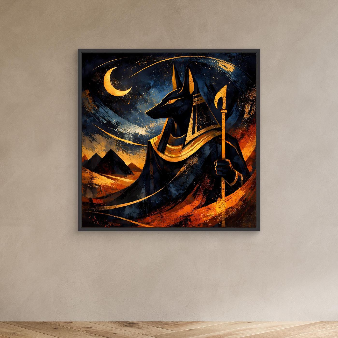 Leinwandbild mit Anubis, Mondsichel und Fackel im Nachtmotiv, schwarzer Rahmen
