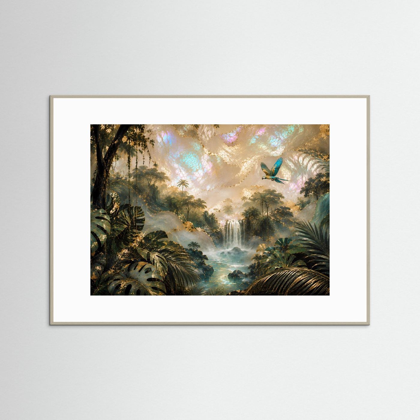 Tropenwald-Poster querformat mit Wasserfall und Papagei, grauer Rahmen