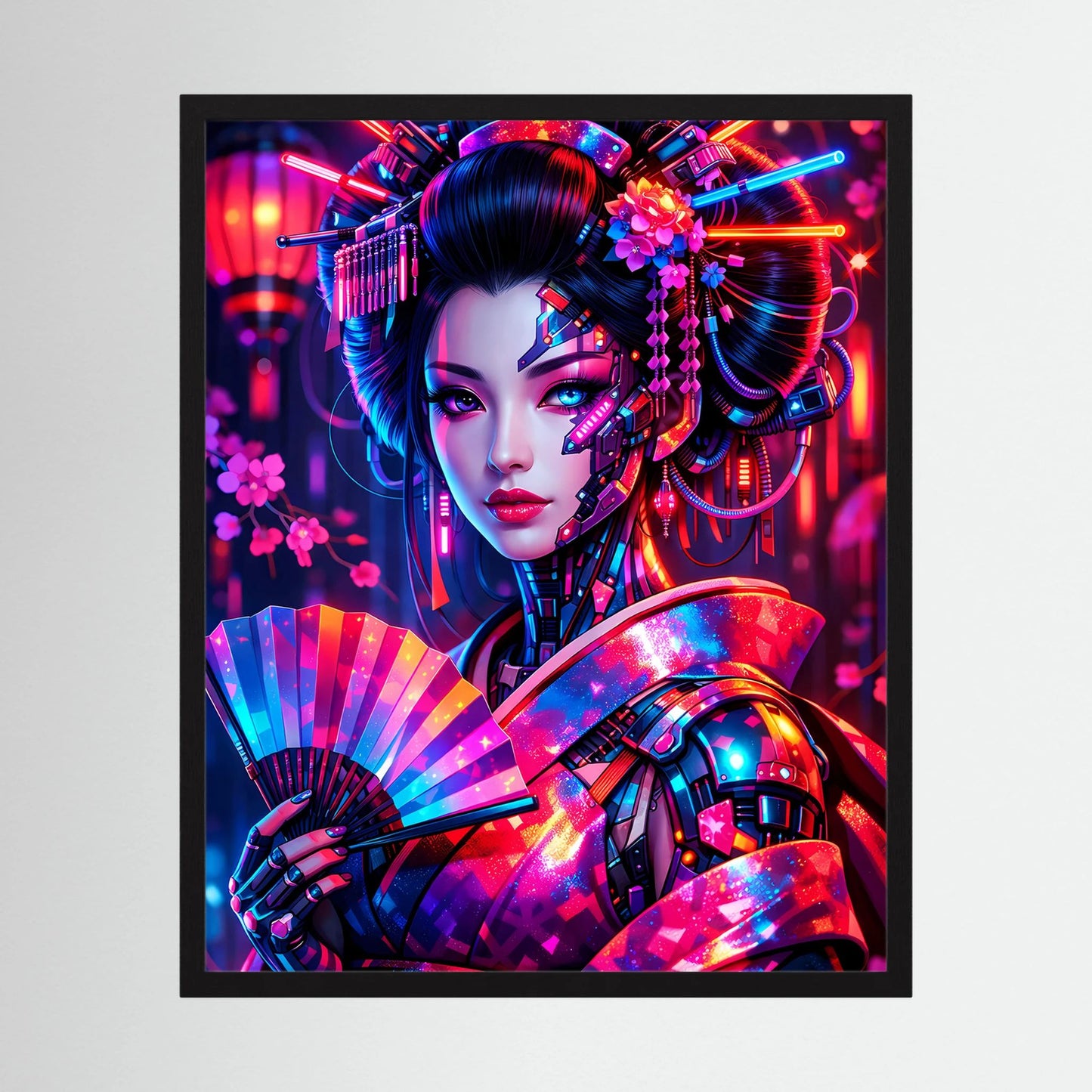 Neon-Kunstposter mit Cyber-Geisha im schwarzen Rahmen, leuchtende Neon-Details