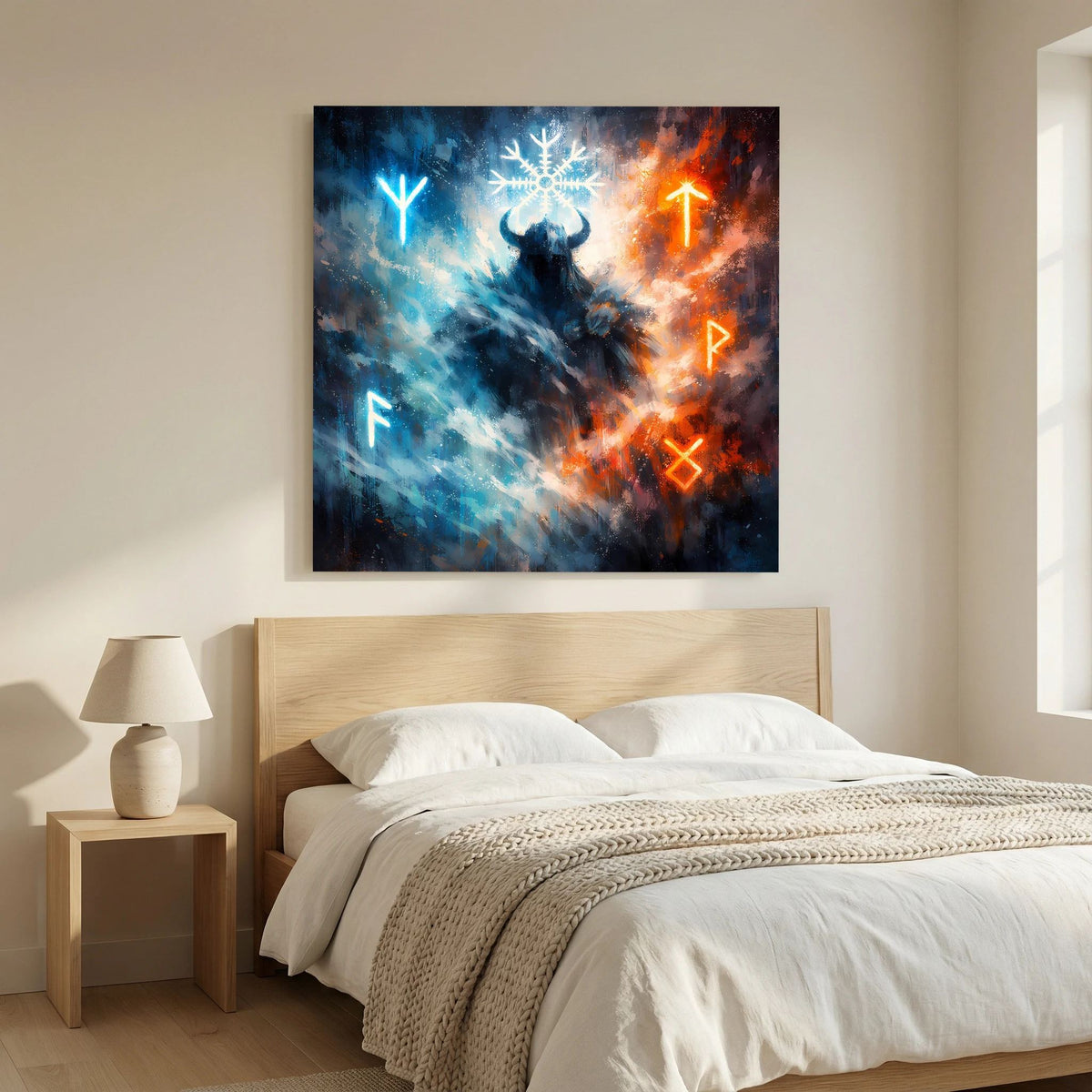 Wandbild auf Leinwand mit Wikingerkrieger, mittig Schneeflockenornament und orange/blaues Leuchten