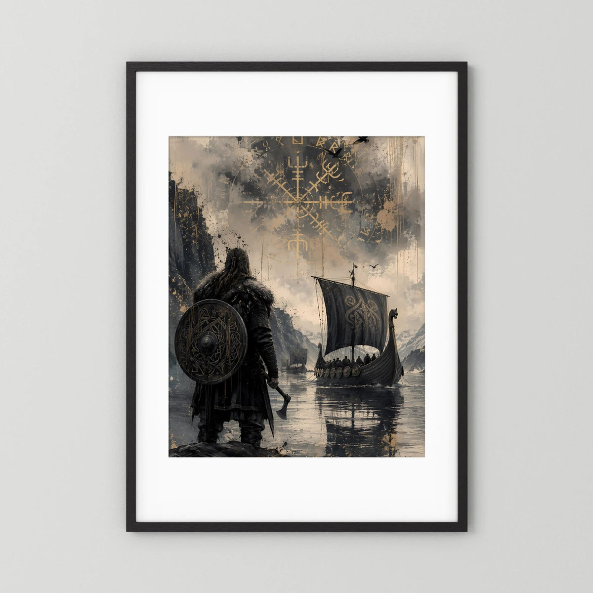 Poster im Hochformat mit schwarzem Rahmen und weißem Rand: Wikinger-Krieger, Langschiff, Runen