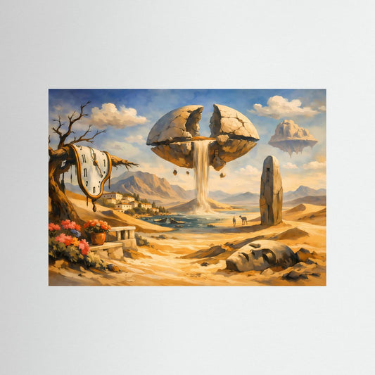 Surreale Traumlandschaft mit schmelzender Uhr & Wasserfall | Surrealismus Panorama Poster Querformat