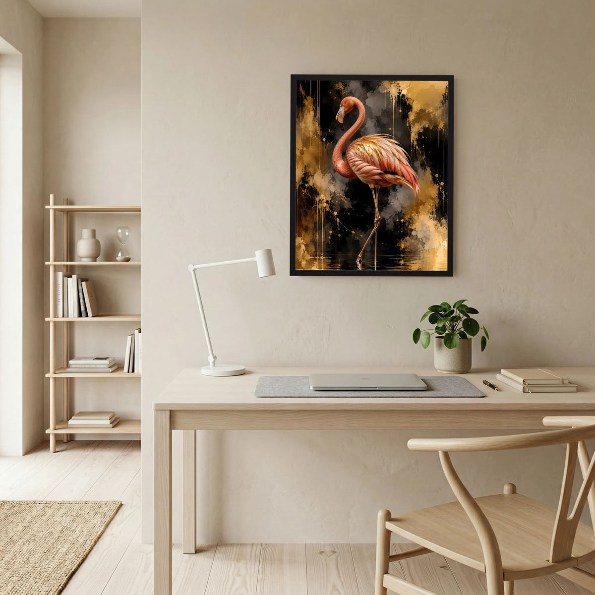 Hochformatiges Poster mit rosa Flamingo im schwarzen Rahmen