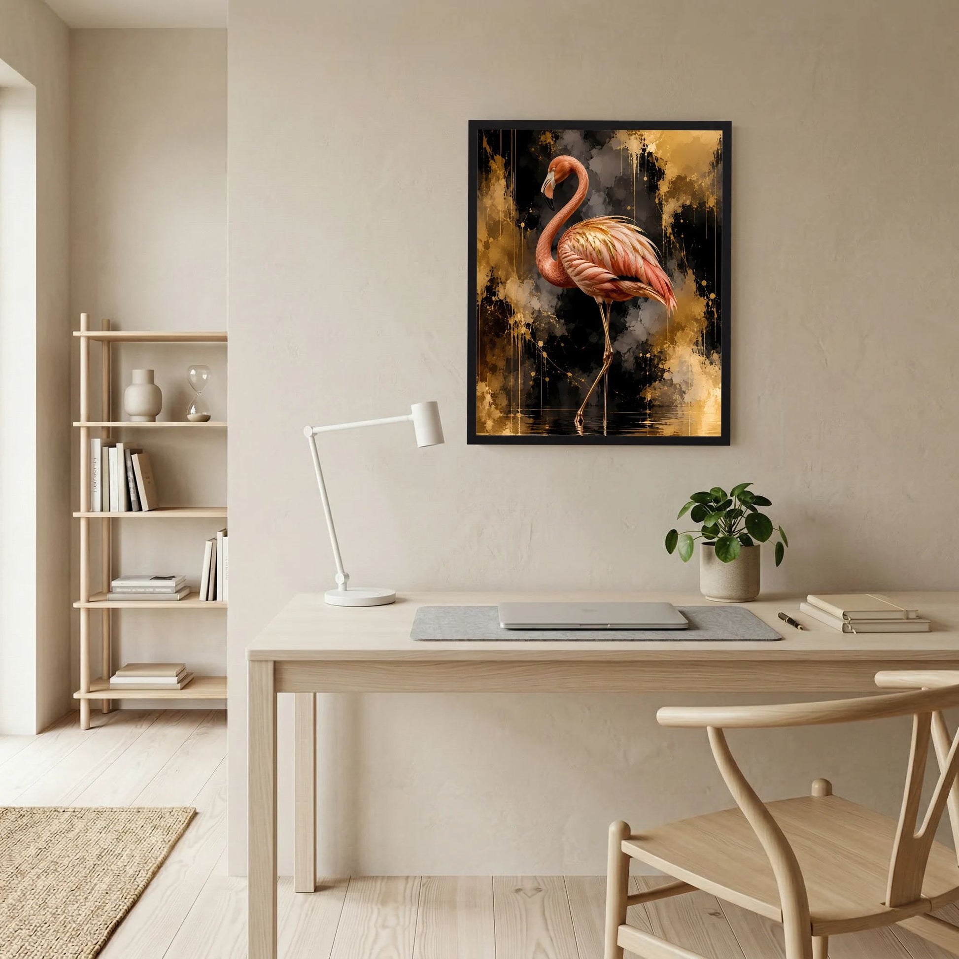 Hochformatiges Poster mit rosa Flamingo im schwarzen Rahmen