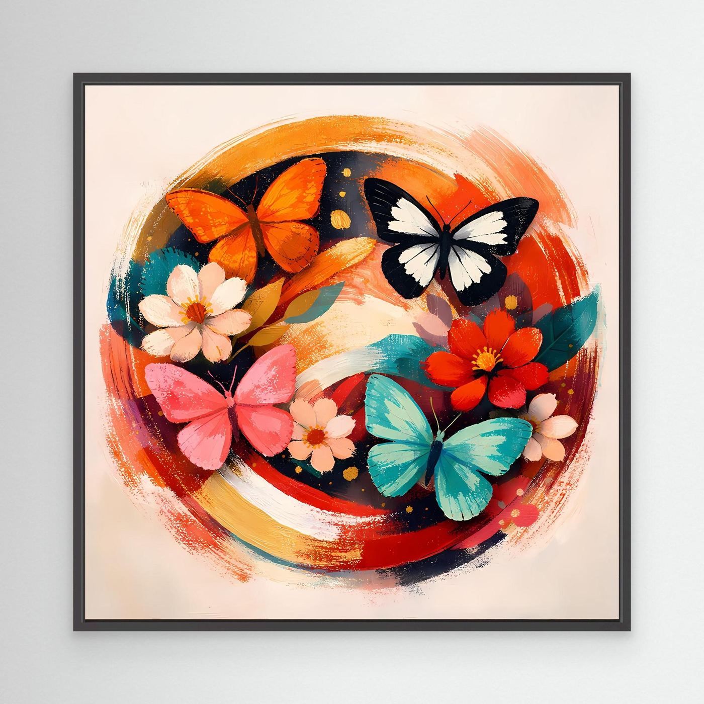 Leinwandbild mit rundem Motiv, schwarzem Rahmen: bunte Schmetterlinge und Blumen