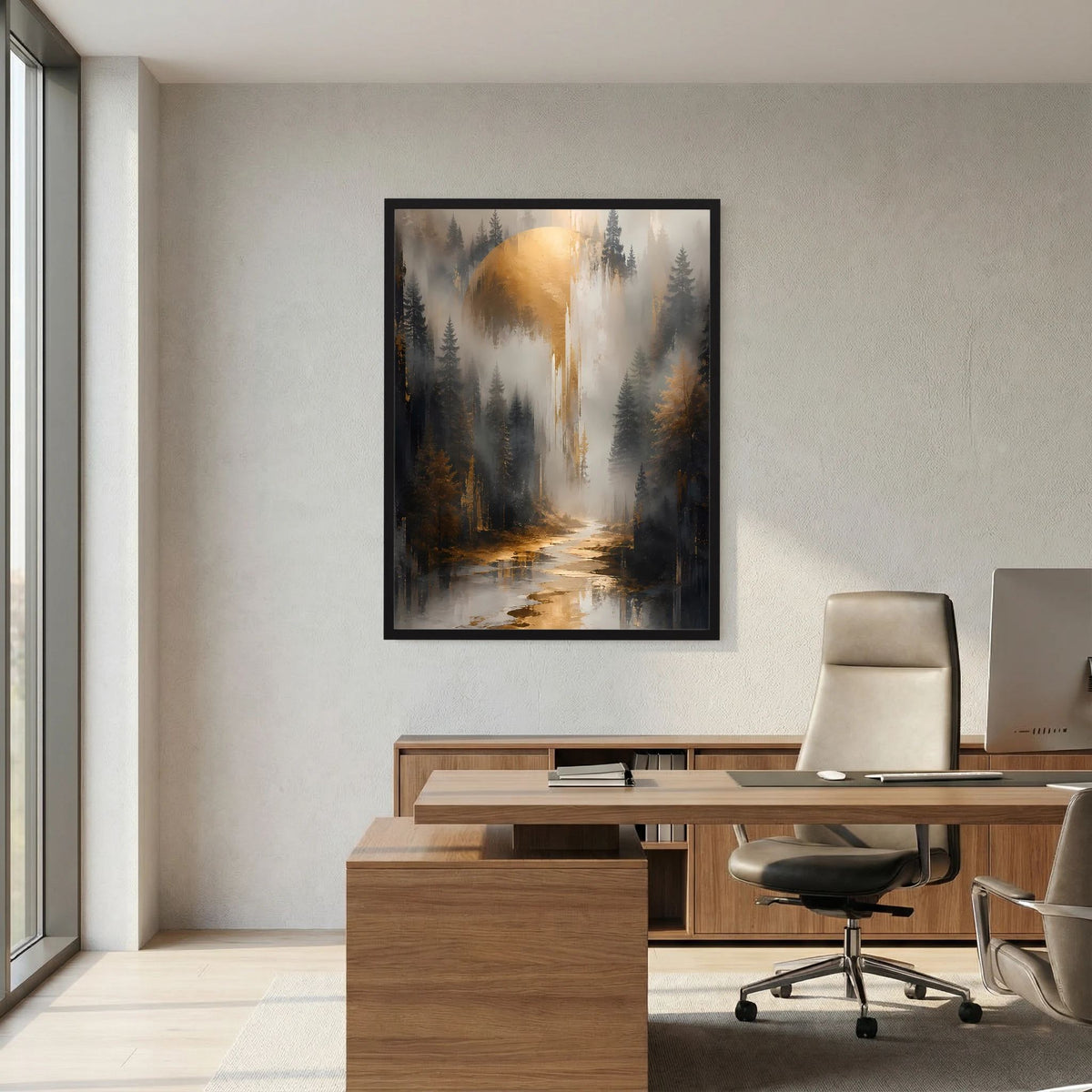 Gerahmtes Poster mit Waldfluss und Nebel, goldene Lichtbahn, Hochformat