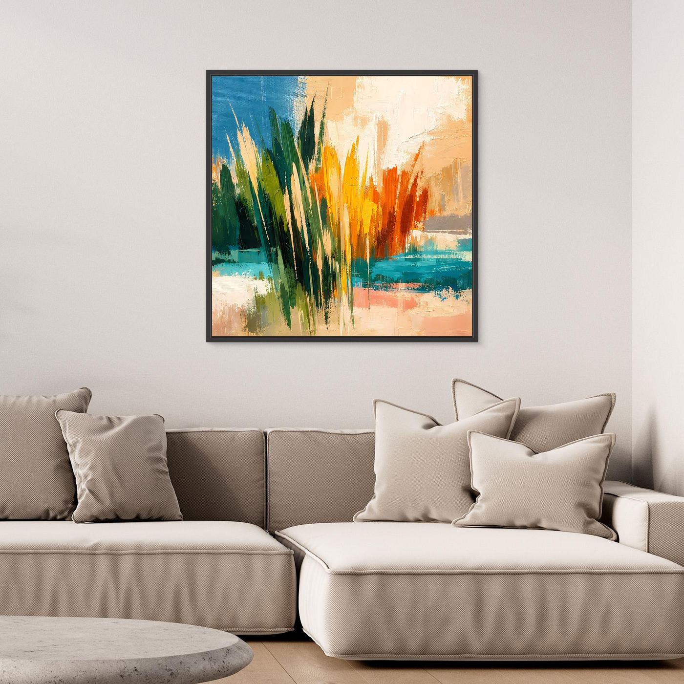 Leinwand-Wandbild mit abstrakter Schilflandschaft und orange-blauen Farbfeldern