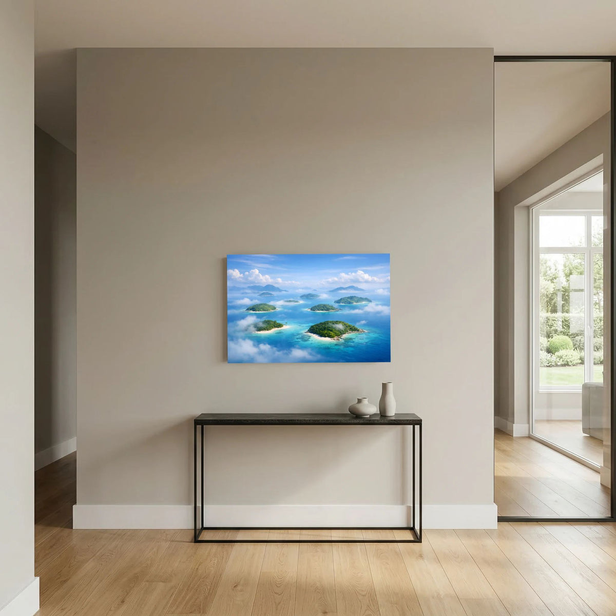 Wandbild mit tropischen Inseln und türkisblauem Meer aus Vogelperspektive